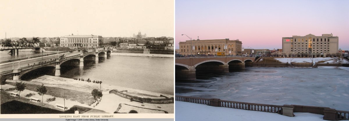 Looking East from Des Moines Public Library, 1914 and 2009