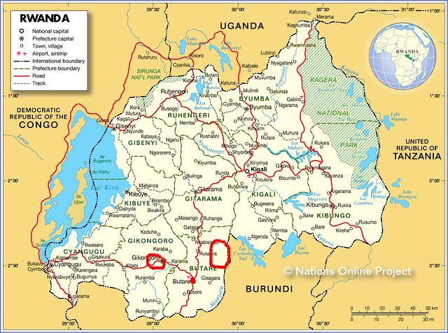 Map showing Rwanda and surrounding countries with international borders, 