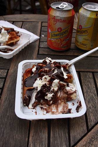 Belgian waffle with chocolate and whipped cream.