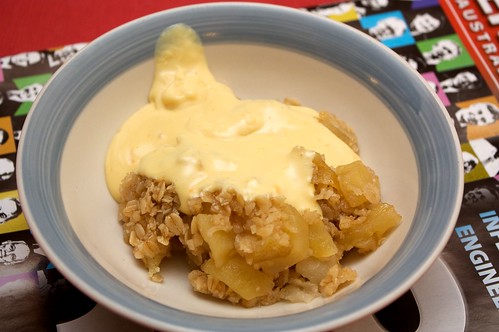 pear and apple crumble with custard