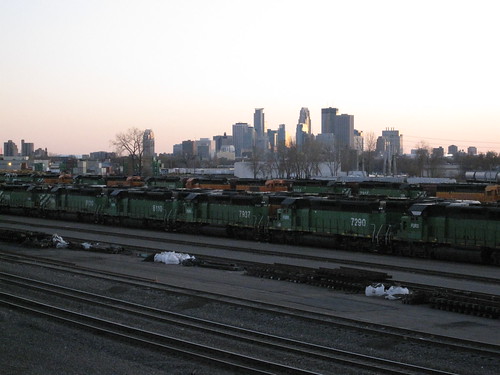 Train Yard and Minneapolis Skyline from St. Anthony Parkway