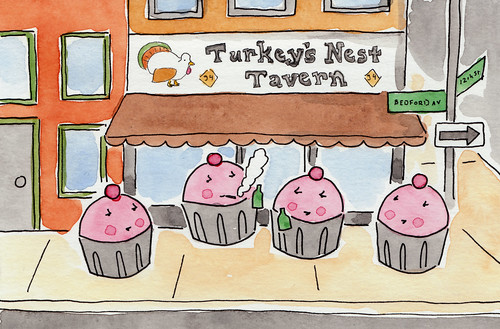 Hipster Cupcakes hanging out ironically at the Turkey's Nest Tavern in Williamsburg, Brooklyn