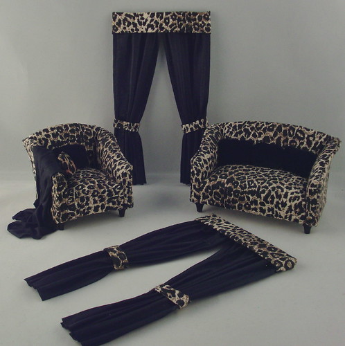 Leopard Print Dollhouse Miniature Living Room Furniture and Drapes by Deb's 