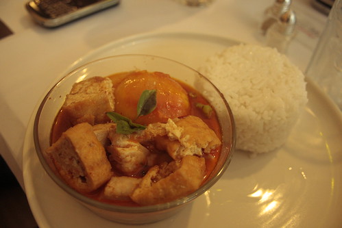 fish and tofu + red curry sauce + rice