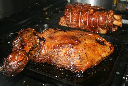 Overnight slow roast hand of pork and lamb shoulder