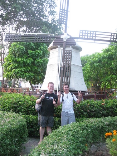 All smiles in front of the concrete windmill