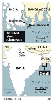 Map locates New Moore Island which was disputed by India and Bangladesh and is now sunken into the Bay of Bengal