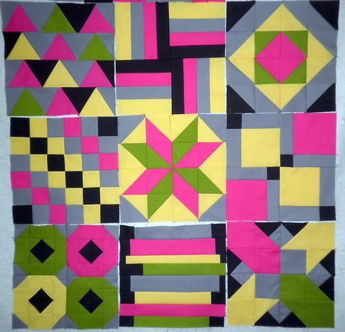 Blocks 1 thu 9 of the Modern Solids Patchwork Squared Quilt Along