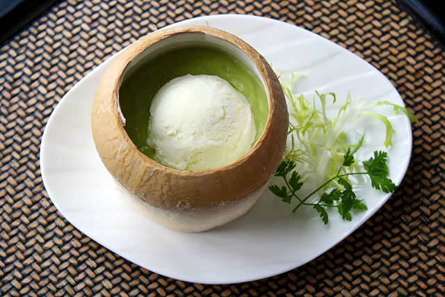Chilled Avocado Puree with Ice Cream Served in a Whole Coconut
