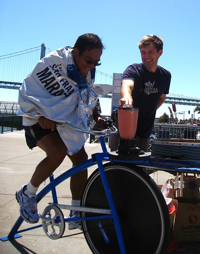 A steady stream of marathoners, including the first place women's finisher, wanted to pedal their own smoothies. by you.