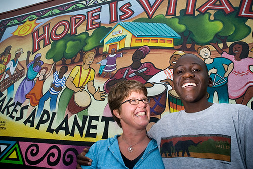 Muralist Heidi Schultz and Kudzai Nioni, who is from Zimbabwe and starting at OES in the fall.