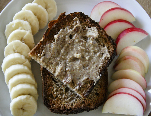 Breakfast: Toast and Almond Butter with Apples and Bananas