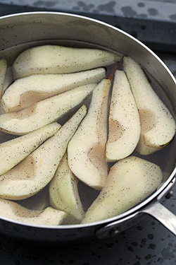 pears prepped for poaching