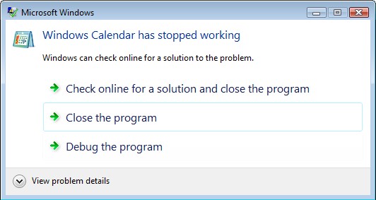Windows Calendar Crash