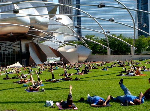 Group yoga at Millenium Park
