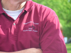 This close-up of the adult chaperone's shirt identifies his affiliation with MABC's Youth Mission 2009. MABC stands for Mississippi Avenue Baptist Church of Aurora, Colorado.