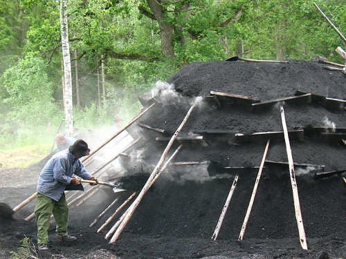 stack for making charcoal, just lit