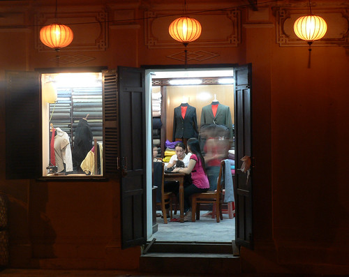 Tailor shop at night.
