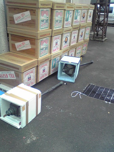 Replica of ancient Japanese street lights lying outside Toho props department