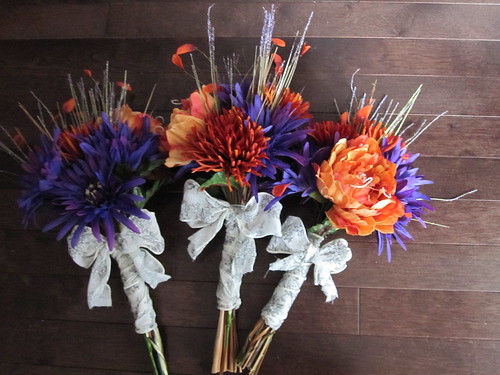 orange and purple wedding bouquets