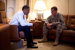 President Barack Obama meets with Army Gen. Stanley McChrystal, the Commander of U.S. Forces in Afghanistan, aboard Air Force One in Copenhagen, Denmark on Oct. 2, 2009. (Official White House photo by Pete Souza) 