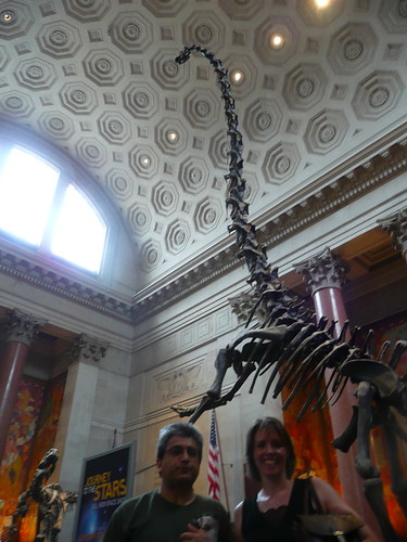 Dad and Anne under dinosaur bones.