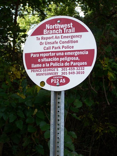 To report an emergency sign, Northwest Branch Trail, Prince George's County (Hyattsville/Mount Rainier)