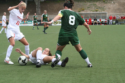 Junior Ashley O’Brien fights for the ball against two Fairfield defenders on Sunday.  Picture by Melissa Stihl/Foghorn