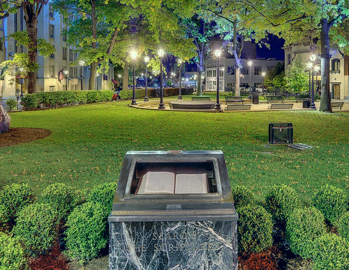Bible monument in park off of Grand Avenue, in Saint Louis, Missouri, USA - view at night