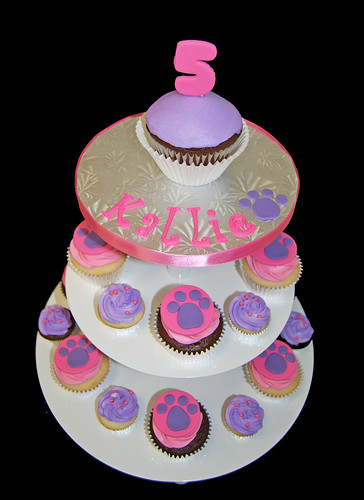 Pink and Purple Paw Print cupcake tower for a 5th birthday