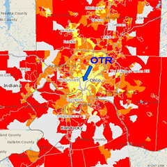 Cincinnati's Over-the-Rhine has an outstanding location for smart development (underlying map by Center for Neighborhood Technology; mark by me)