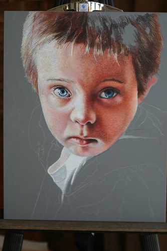 In progress colored pencil portrait entitled Matthew.