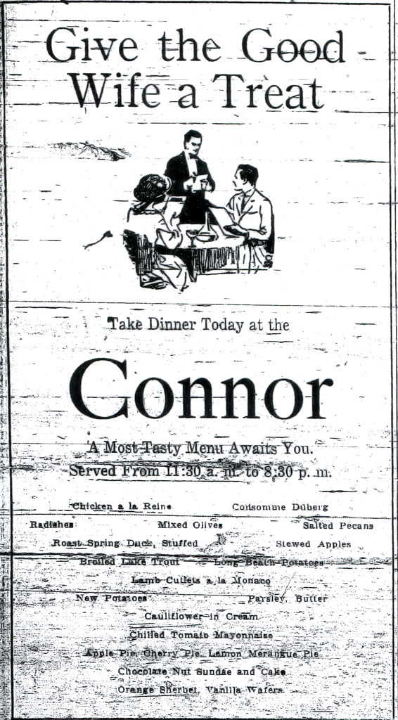 An ad for the restaurant at the Connor Hotel