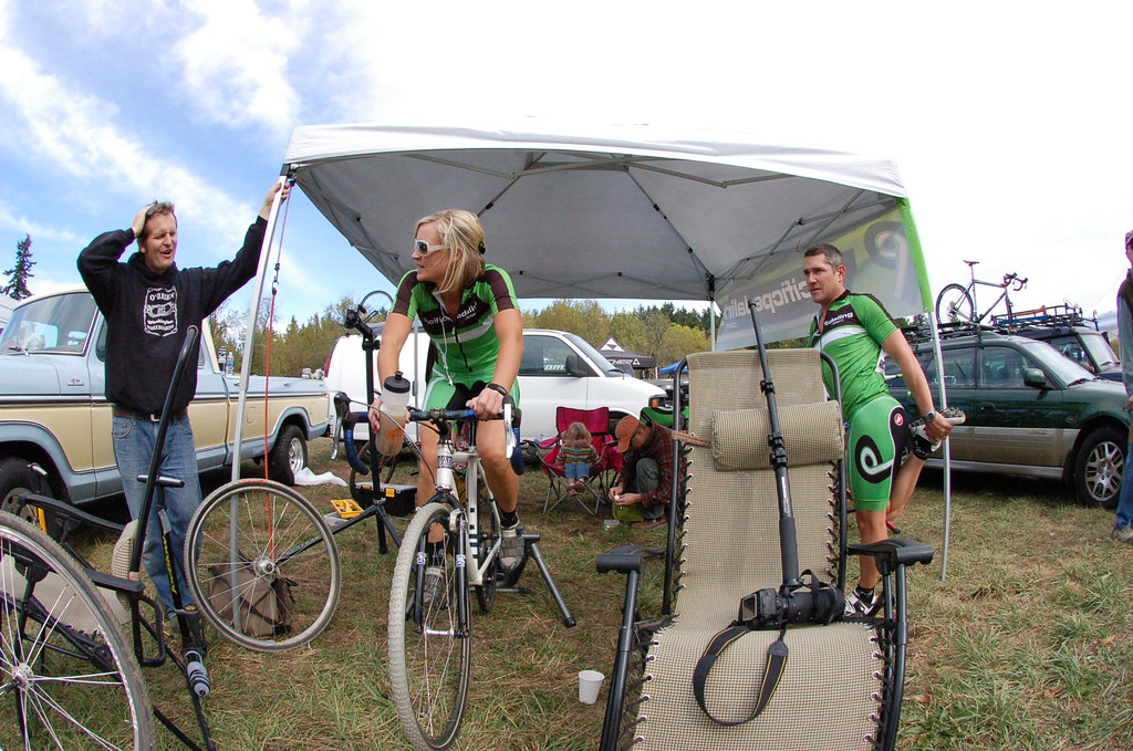 At the Pacific Pedaling tent, Pat and Ellen stretch and warm up, while Tyler tells a tale of horror and fear.