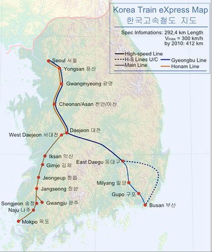 Montasje av KTX-nettet på topografisk kart over Sør-Korea