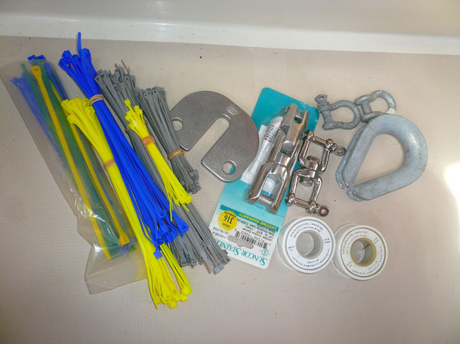 My anchoring kit - thimbles, colored zip ties to mark chain, spared chain grabber, swivels, locking wire