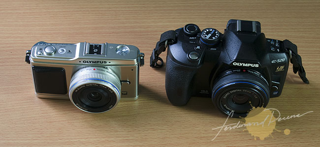 Olympus E-P1 with 17mm Pancake vs Olympus E-520 with 25mm Pancake