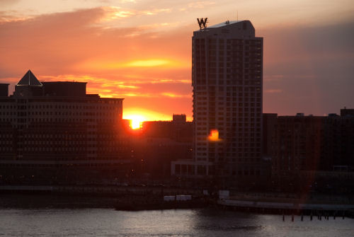 Sunset over Hoboken, NJ pier