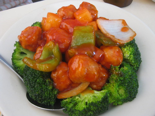 "pork" with steamed broccoli