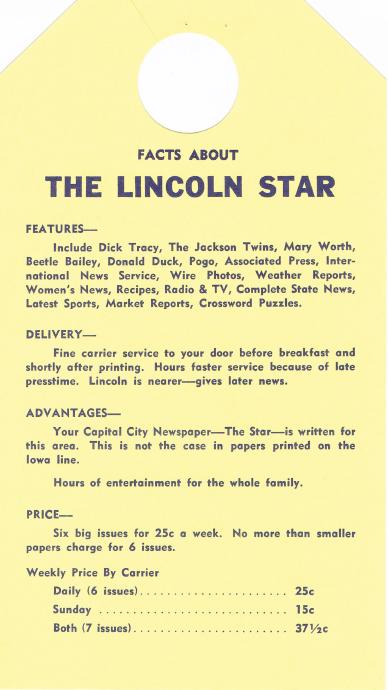 Door Hanger (Back Side) for Paper Boys Who Delivered Lincoln Star (Lincoln, Nebraska)