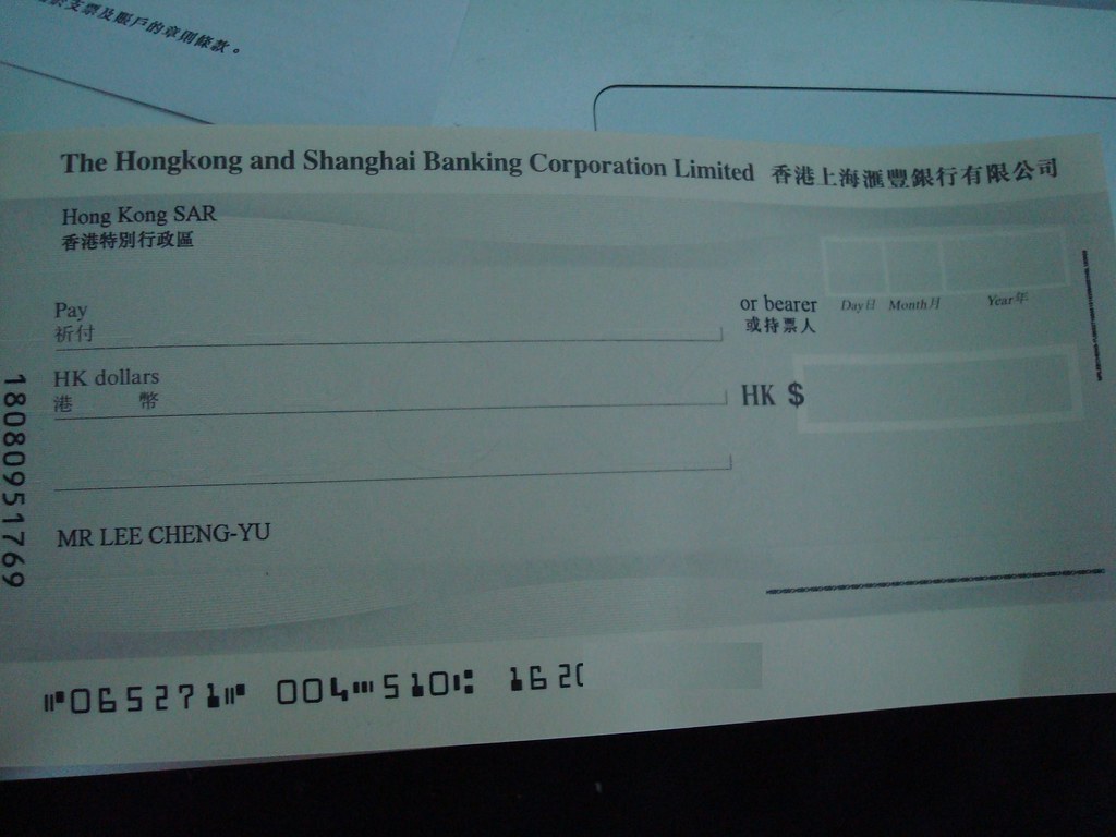 香港匯豐銀行的個人支票