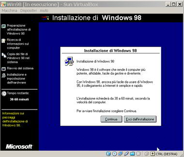 installazione windows 98 in virtualbox