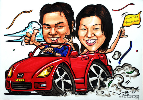 Couple caricatures on sports car second anniversary