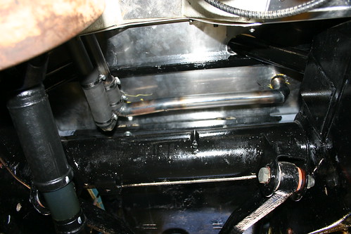 The water pipes underneath the car. The radiator is directly above them.
