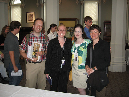 Libraries interns (from L-R) Brett Lambert, Maggie Ansell, Mary Jinglewski and Karen Brown enjoy the reception 