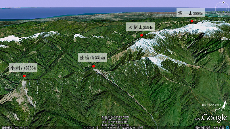 Google Earth 雪山西南稜 主稜標示