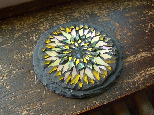 yellow sunflower mandala: a glass mosaic by Margaret Almon