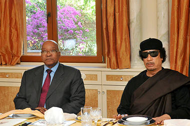 Republic of South Africa President Jacob Zuma with Libyan Leader of the Revolution Muammar Gaddafi during a state visit in Tripoli on May 30, 2011. Zuma representing the African Union called for an end to NATO airstrikes. by Pan-African News Wire File Photos