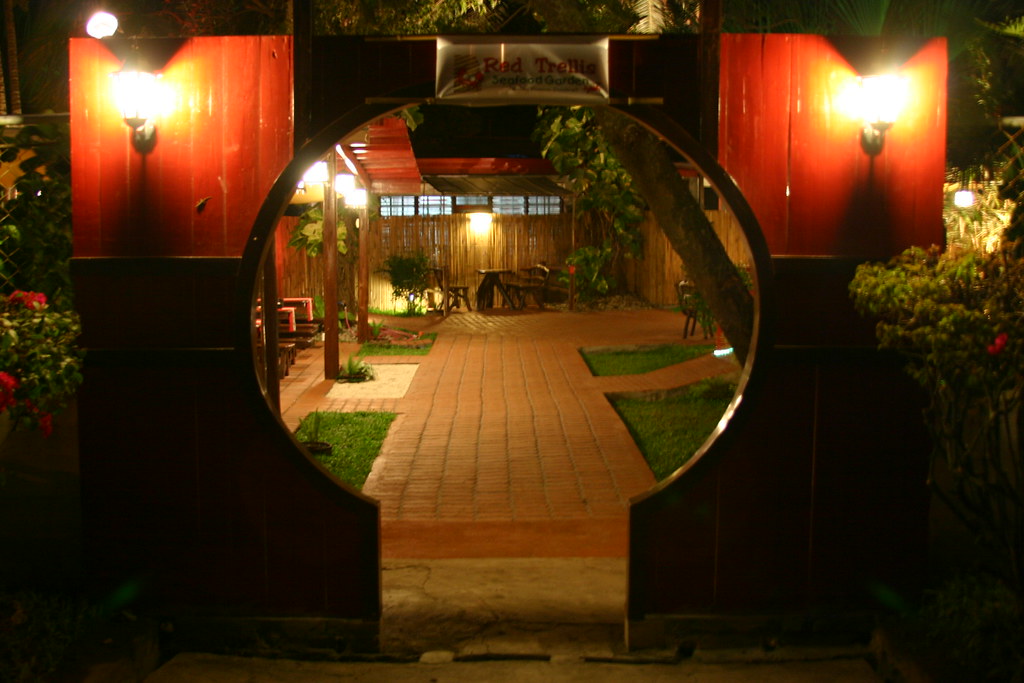 The Oriental arch entrance into the Red Trellis Seafood Garden.