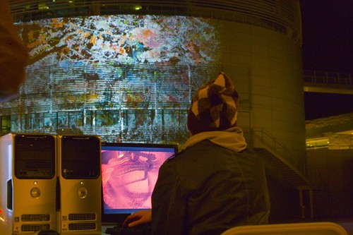 Camille doing some last minute programming on Abundance, commissioned for the San Jose City Hall Rotunda by ZER01 and the City of San Jose. Photo: Everett Tassevigen